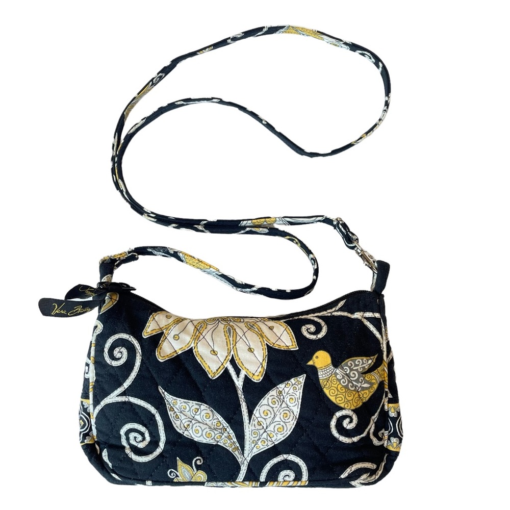 Vera Bradley Yellow Bird Crossbody Bag Purse Clutch Handbag Black Floral